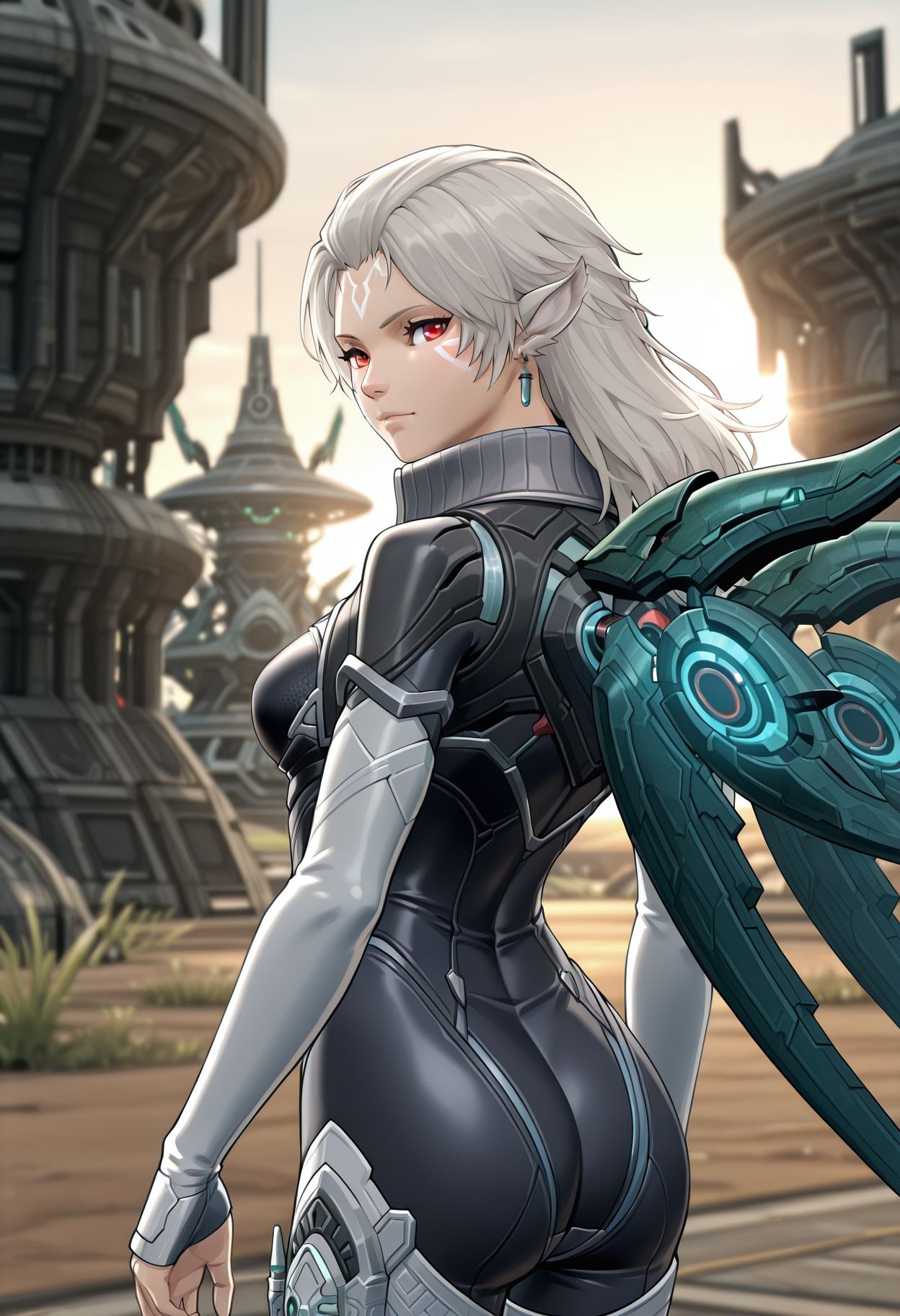 <lora:neilnail_(xenoblade)_v1_IL:0.8> neilnail_(xenoblade), 1girl,long hair, white hair, red eyes, animal ears, medium breasts, facial mark, earrings, jewelry, bodysuit, looking back, looking at viewer, mechanical wings, outdoors, alien architecture, backlit, lit by afternoon sun, blurry background,