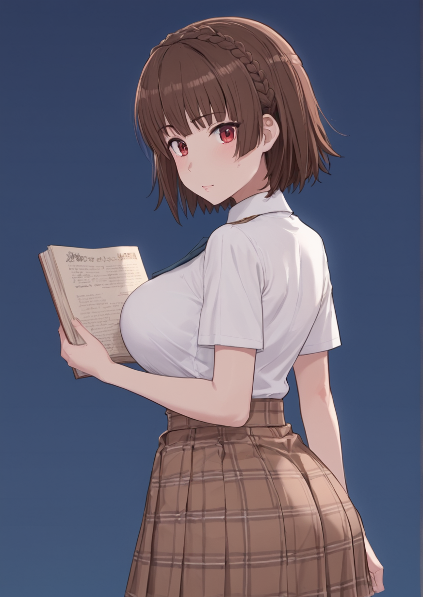 1girl, niijima makoto, huge breast, blue background, book, book stack, braid, breasts, brown hair, brown skirt, crown braid, from side, holding, holding book, looking back, pantyhose, paper, plaid, plaid skirt, pleated skirt, red eyes, shirt, short sleeves, skirt, solo, white shirt,zPDXL3,<lora:å±±ç°ãªããYamada_Rimuru:1>
