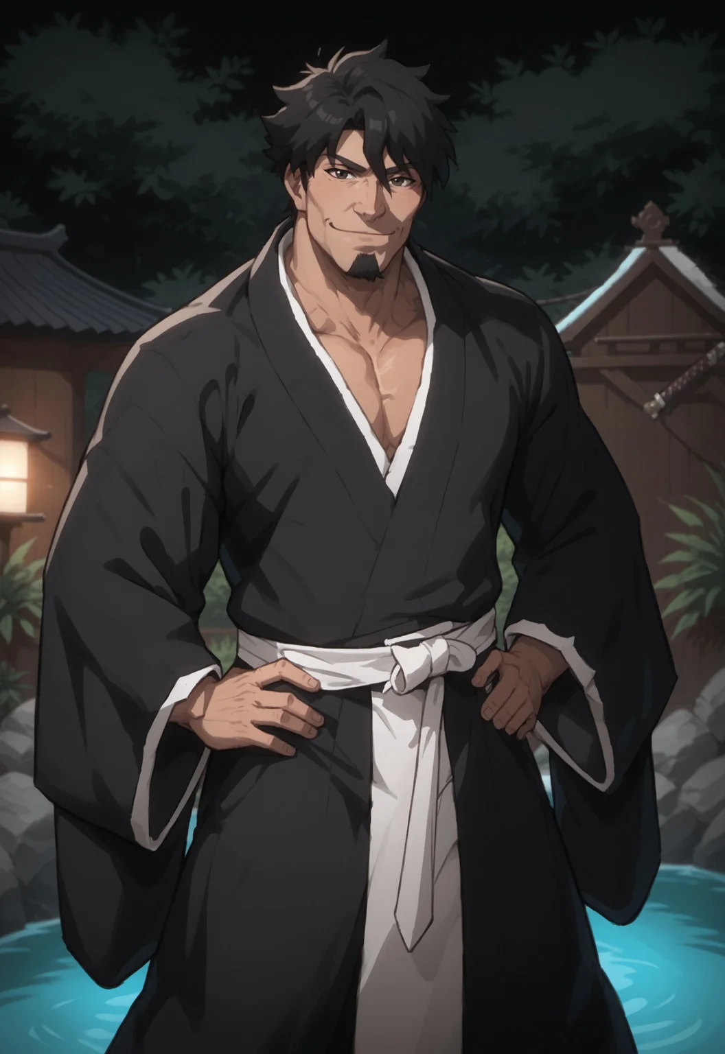 safe_pos, score_9, score_8_up, score_7_up, rating_nsfw, ultra hd, absurdres, best quality, best aesthetic, solo, 1boy, male focus, erotic, mature male, Expressiveh, wolfconf,
BleachShinetsu, black hair, facial hair, goatee, Japanese clothes, sword, Japanese garden, hands on hips, looking at viewer, smiling, morning