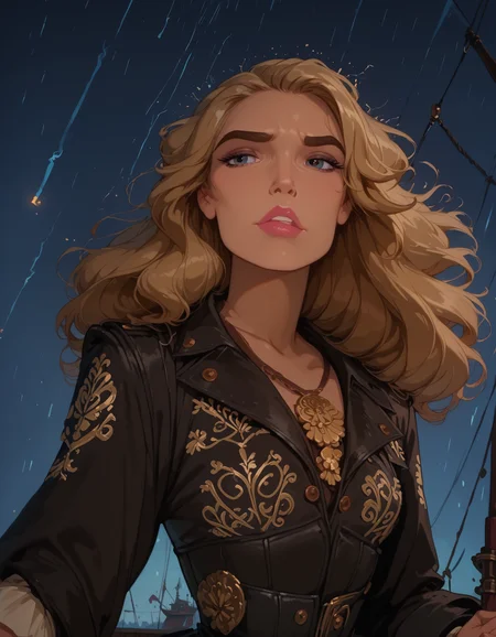 <lora:Disney_Style:.9> <lora:princess_xl_v2:.75> <lora:add-detail-xl:.9> <lora:g0th1cPXL:.3> <lora:Cherry-Gig:.45> <lora:Expressive_H:1> <lora:PLASTT_PonyV6:1> <lora:Elizabeth_Swann_ZairaSass_v1:1> score_9, score_8_up, score_7_up, zPDXL, DisneyRenstyle, score_9,score_8_up,score_7_up,score_6_up,
(stormy ocean background, rain, storm, lightning, night, on pirate ship, ambient light), (standing, 3/4 view, dynamic pose, low angle),
1girl, solo, sexy 18 year old, British girl, (Elizabeth Swann, Pirate King), perfect face, beautiful face, defined cheekbones, defined jawline, light brown hair, thick hair, thick dark eyebrows, dark brown eyes, dark lashes, thin lips,
confident expression, narrow eyes, hand holding onto rope, perfect hands, 5 fingers, slender waist,
black coat with decorative golden symbols, black leather underbust corset, black trousers, legs apart,