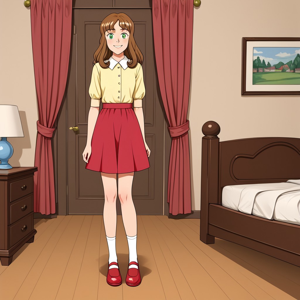 1girl, solo, Luise, green eyes, brown hair, dress, skirt, red skirt, white socks, red shoes, smile, full body, standing, bedroom, front view