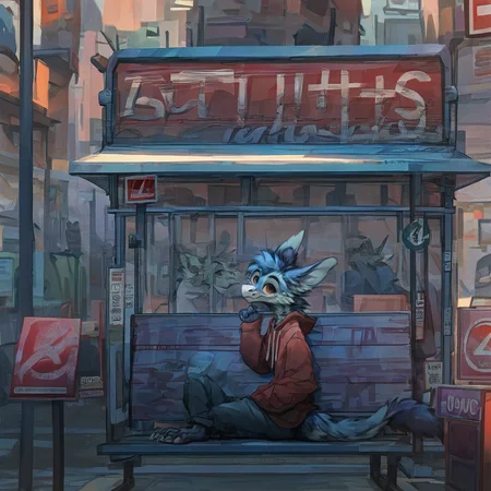 source_furry,  furred dragon, blue fur, wearing a hoodie, sitting on the bench of a bus stop, bus stop sign, side walk, shops in background,  <lora:Test 1  epoch5:0.8>, score_9, score_8_up, score_7_up,