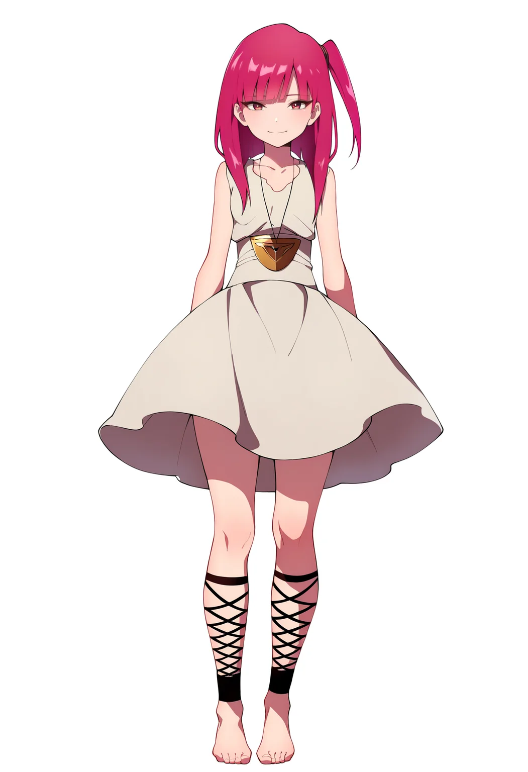 masterpiece, best quality, very aesthetic, absurdres,
1girl, morgiana,one side up, red hair, red eyes,
dress, ankle lace-up, barefoot,
full body, standing, smile, standing, looking at viewer, solo, simple background, white background, <lora:MorgianaNoobXL_byKonan:1>