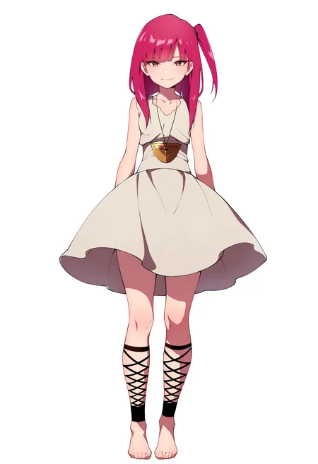 masterpiece, best quality, very aesthetic, absurdres,
1girl, morgiana,one side up, red hair, red eyes,
dress, ankle lace-up, barefoot,
full body, standing, smile, standing, looking at viewer, solo, simple background, white background, <lora:MorgianaNoobXL_byKonan:1>