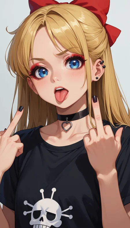 score_9, score_8_up, score_7_up, source_anime,
<lora:Sailor Venus:0.9> , minako aino, blonde hair, blue eyes, bow, hair bow, half updo, long hair, red bow,
black shirt, t-shirt, black choker, goth, eyeliner, eyeshadow double middle finger, tongue out,