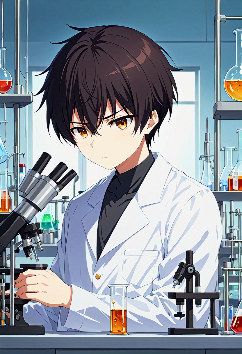 high resolution, solo, best quality, 1Boy, Seiya Kanie, Black Hair, Short Hair, Thin, Brown Eyes, Scientist, laboratory, experiment, discovery,