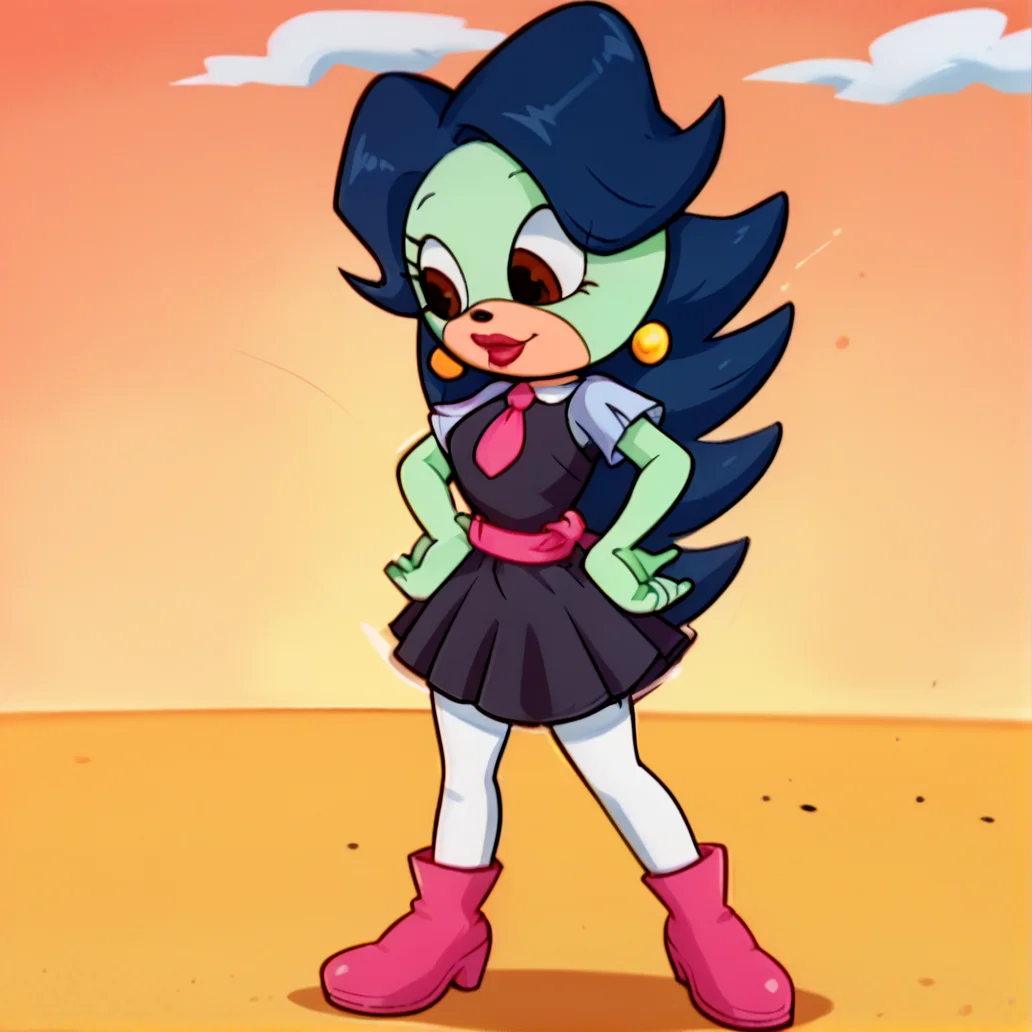 score_9, score_8_up, score_7_up, score_6_up, score_5_up, score_4_up, BREAK, <lora:Breezie_the_hedgehog:1>, breeziethehedgehog, dark blue hair, long hair, furry female, green fur, body fur, earrings, red lipstick, brown eyes, <lora:amyrosesonicxoutfit:1>, arsonicxoutift, black dress, short dress, white pantyhose, pink necktie, pink sash, short sleeves hands on hips, outside, pink boots,