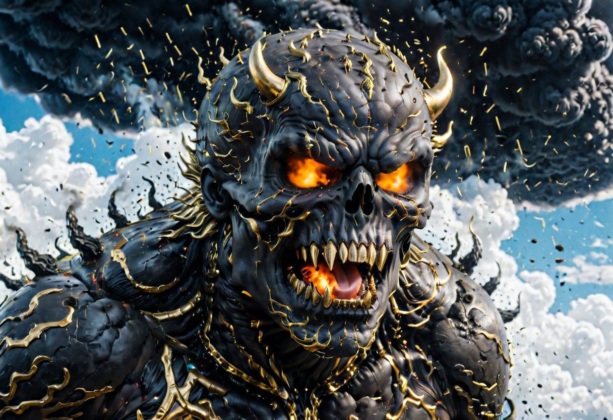 According to the rules, in such cases, it was supposed to become a black impenetrable cloud, fill the entire space with itself, catch up with  gold DEVIL SPAWN horror and look at him with an ominous luminous look from nowhere and from everywhere, which Bomchi immediately did.  Feeling of fear, feeling of horror,rich colors, ultra clear image, more realistic, high resolution photos, 8K HD wallpapershigh quality, intricate details,  ultra detailed, ,depth of field, 8k resolution trending on Artstation Unreal Engine 5, Epic,detailed background, <lora:xl_more_art-full_v1:1.2>  <lora:JuggerCineXL2:0.8> , Cinematic,  <lora:EnvyActionShotXL01:0.8> action shot
