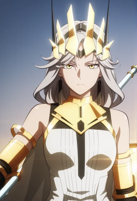 official style,(anime coloring:1.6),(anime screencap) masterpiece,masterpiece,best quality,very aesthetic,
absurdres,highres,
mature female,slim figure,medium breasts,<lora:detailed hand focus style illustriousXL v1:0.5>,detailed,
light grey background,solid background,gradient background,backlighting,cinematic_angle,1girl,solo,
sunrise,expressionless,looking at viewer,contempt,confident,elegant,standing,upper body,portrait,
<lora:To Be Hero X-QueenV1-Nuclear1811-IL:0.7>,Queen-Liu,yellow eyes,grey hair,long hair,very long hair,braid,long braid,single braid,braided ponytail,ch3,ch3 horns,ch3 silver horns,ch3 fake horns,ch3 jewelry,ch3 earrings,ch3 black earrings,ch3 armor,ch3 golden armor,ch3 cape,ch3 white cape,ch3 bare shoulders,ch3 dress,ch3 white dress,ch3 boots,ch3 gauntlets,ch3 boots,ch3 white footwear,ch3 high heels,ch3 high heel boots,ch3 crown,ch3 golden crown,ch3 headgear,ch3 headpiece,wp1 weapon,wp1 spear,wp1 polearm,holding weapon,
