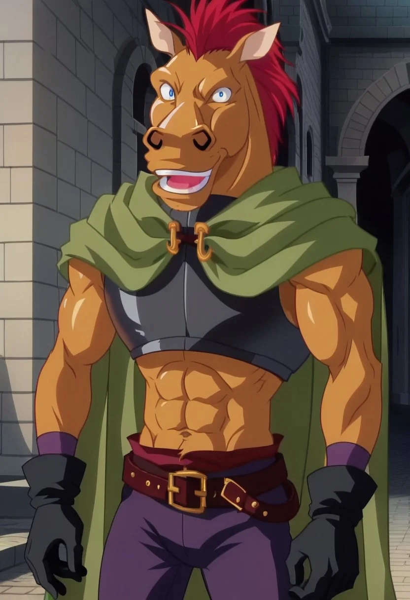 score_8, score_7_up, score_6_up, source_cartoon, screencap, detailed face, solo, 1boy, Stallion, Anthro, Anthropomorphic Animal, Muscular, Red Mohawk Hair, Belt, Cloak, Gloves, Armor, Trousers, Boots, looking at viewer, front view, cowboy shot, close up, anime screencap, castle background