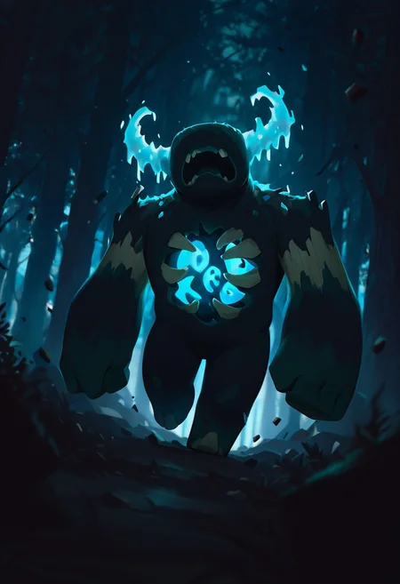 masterpiece, best quality, amazing quality, very aesthetic, absurdres, newest, detailed background, foreground blur, volumetric lighting, 
warden, glowing horns, standing, solo, monster, open mouth, creature, teeth, no eyes, pokemon (creature), ribs, colored skin, ((wide head, big head,)),, no teeth, no humans, big arms,  no hands, no wrists, wide body, short legs, 
outdoors, dynamic angle, walking in the forest, dark forest, debris, floating debris