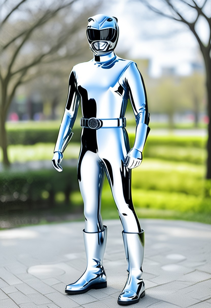 chrome statue of yellow-power-ranger, alone, morphed, chrome helmet, chrome catsuit, chrome turtleneck collar, chrome gloves belt boots holster, entirely made of chrome, standing square-on, in urban park, arms slightly-outstretched, full body photo, hyperdetailed photography