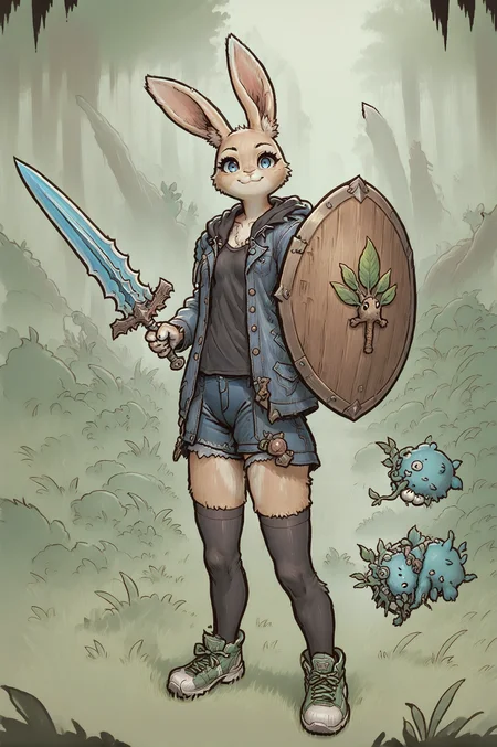 score_9, score_8_up, score_7_up, score_6_up, source_anime, looking at viewer, rabbit,
animal ears, rabbit ears,
blue eyes, black pupils,
light smile, closed mouth,
small breasts,
(holding blue glowing sword and shield:1), denim open jacket, black shirt, short denim skirt, black thighhighs, sneakers,
<lora:Mad:1>,
dark forest, swamp,
<lora:Pony_Weapon_Sword__Shield_-_By_HailoKnight:1>,
<lora:Pony_DetailV2.0:3>,
<lora:StS_detail_slider_v1:2>