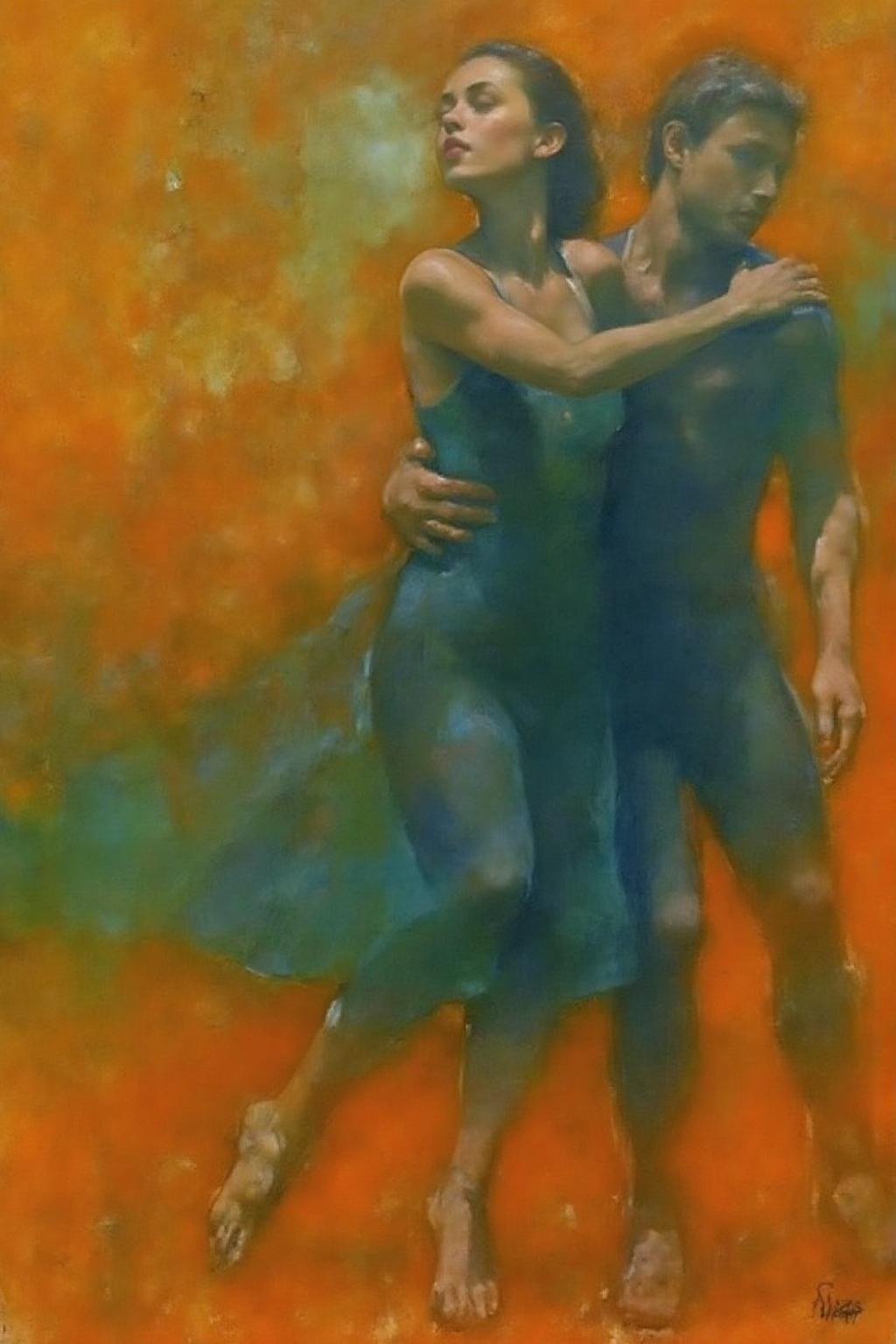 painting.
A couple are posed in a dance. The woman is slightly in front of the man. The background includes orange, green, and blue tones. <lora:billbate1_cap_d8a4e12:1.0><lora:852797728625818463:0>