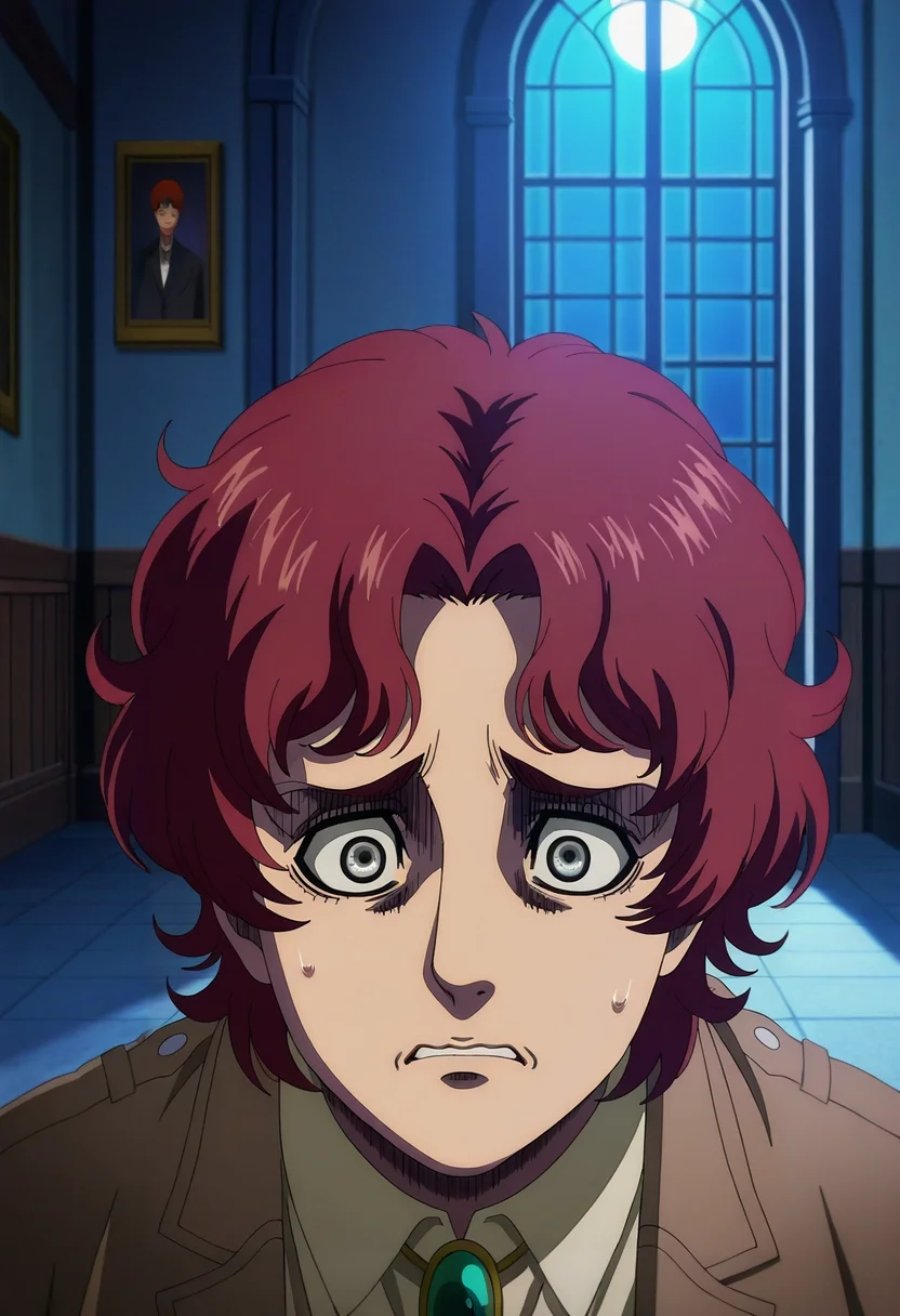 masterpiece, best quality, anime screencap, anime coloring, official style, , , 1boy, male focus, silver eyes, red hair, curly hair,, solo, haunted mansion, dusty halls, cobweb corners, old portraits, investigating pose, nervous expression, moonlight, <lora:shingeki_no_kyojin_s4_style_ilxl:1>, shingeki_no_kyojin_s4_style