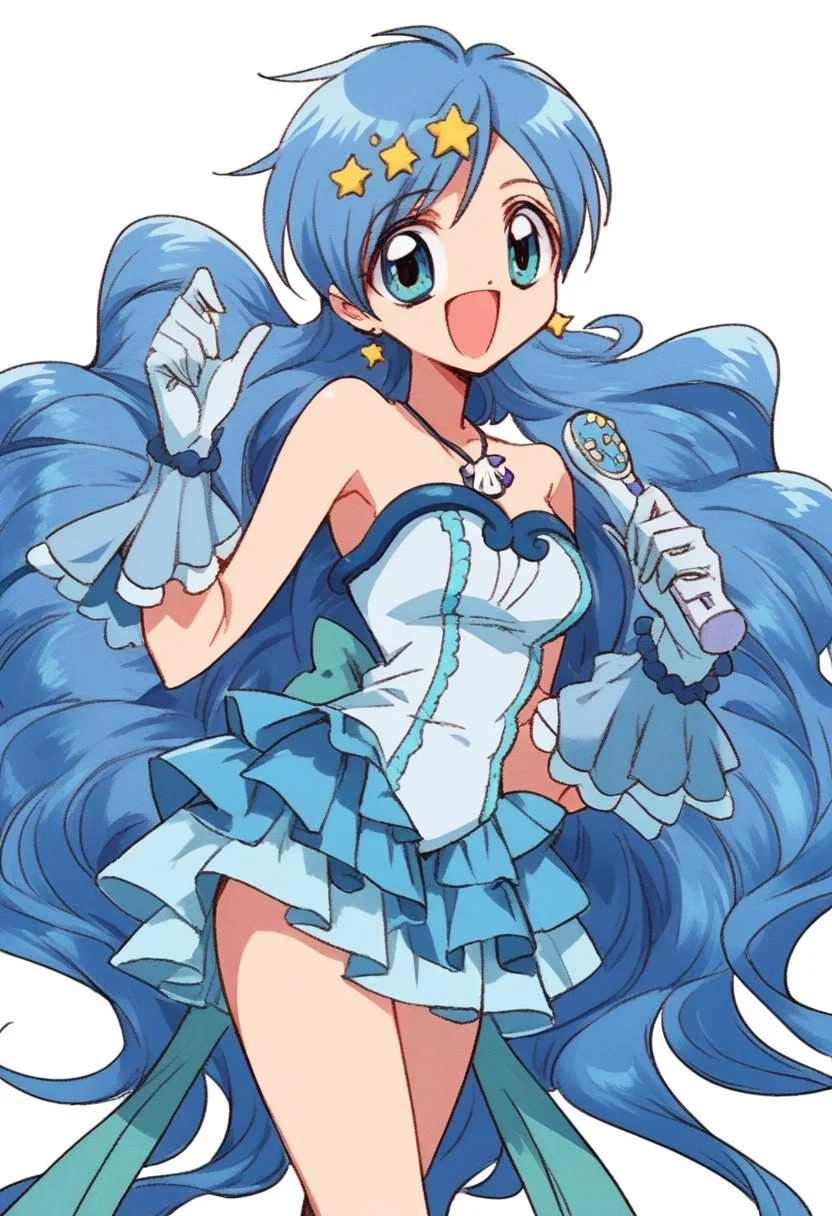 score_9,score_8_up,score_7_up, source_anime, <lora:hanon.pony:1>,hanon,blue hair,long hair,blue eyes,mini dress,gloves,boots,off shoulder,bare shoulder,shell necklace,wrist jewlry, standing, bend over, solo, looking at viewer, cowboy shot, dutch angle