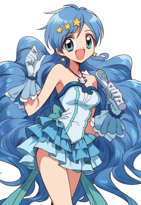score_9,score_8_up,score_7_up, source_anime, <lora:hanon.pony:1>,hanon,blue hair,long hair,blue eyes,mini dress,gloves,boots,off shoulder,bare shoulder,shell necklace,wrist jewlry, standing, bend over, solo, looking at viewer, cowboy shot, dutch angle