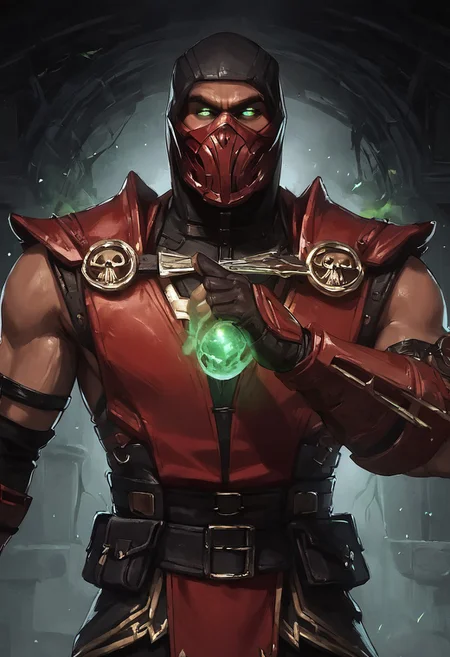 score_9, score_8_up, score_7_up, score_6_up, score_5_up, score_4_up, masterpiece, perfect face, perfect eyes, Mortal Kombat Style,
solo, looking at viewer, gloves, 1boy, (((red armor))), male focus, belt, hood, (((red mask))), glowing, shoulder armor, glowing green eyes, ninja, sickle gloves,
background ((highly detailed, masterpiece, inside a green glowing demonic cave with raging green magic, swirling miniature green skull souls)), at night, sexy guy, (((Mortal Kombat Style))), mature male, standing, green glowing magic energy in hands, dynamic pose, serious, serious look, ((half body shot:1.5)), front view, male focus, looking at viewer,