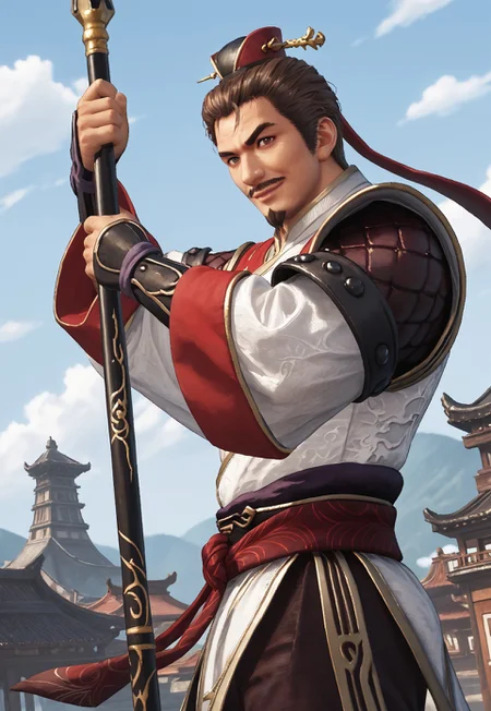 score_9, score_8_up, LuSuDWO, short hair, brown hair, brown eyes, goatee, mustache, mature male, muscular, headwear, pauldrons, chinese clothes, wide sleeves, bracers, red sash, dark-maroon pants, looking at viewer, smile, dynamic pose, detailed background, dutch angle, ancient china, blue sky, clouds, upper body, cowboy shot, holding a spear, gust of wind, fighting stance, side view,