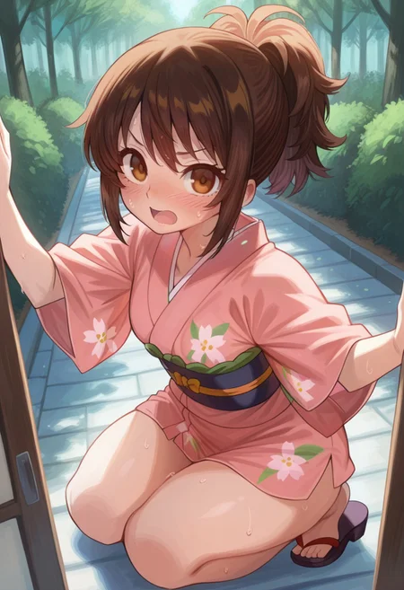 1girl, solo, brown eyes, medium breast, thick thighs,  blush , sweating , extreme detail ,small breast , cute female face, beautiful face, perfect face, , 1girl,Brown hair, brown eyes, short hair, ponytail, Japanese clothes, pink kimono, sash, obi, 1girl, young, cute, extremely cute, petite, perfect young face, small breasts, blush, open mouth, looking at viewer, park outdoors, BREAK ((ultra-detailed)), ((best quality)), ((beautiful eyes)), ((extremely detailed)), 4K, (8K), best quality, (beautiful), Master piece, highres, best quality, official art, highres, masterpiece, detailed background, high quality background, flat color, full body , short dress, sandals