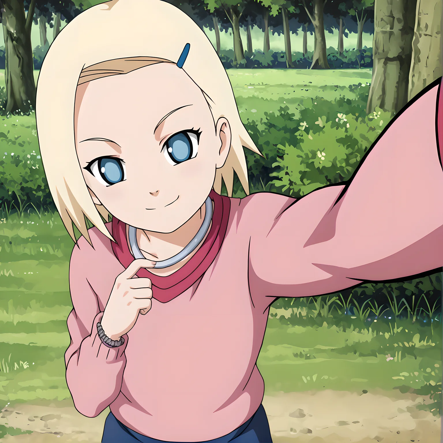 ino, hair ornament, hairclip, 1girl, solo, blonde hair, short hair, blue eyes, smile, looking at viewer, <lora:Ino_Yamanaka_Smol:0.9>
BREAK
level_9, level_8_up, level_7_up, source_anime, masterpiece,
BREAK
naruhodou_artstyle, <lora:Naruho-Dou_ArtStyle:0.7>
BREAK
outdoor, sweater, selfie