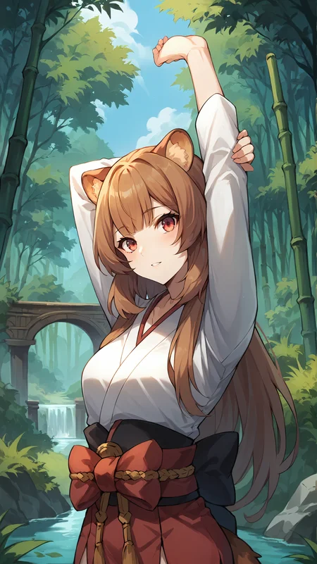 score_9,score_8_up,score_7_up,score_6_up, source_anime, zPDXL, <lora:xl_more_art-full_v1:0.5>, girl, raccoon girl, raccoon ears, animal ears, long hair, brown hair, bangs, red eyes, red kimono, white top, white sleeves, <lora:Raphtalia - Pony-000004:0.8>, stretching, bamboo forest, bridge, arched bridge, river,