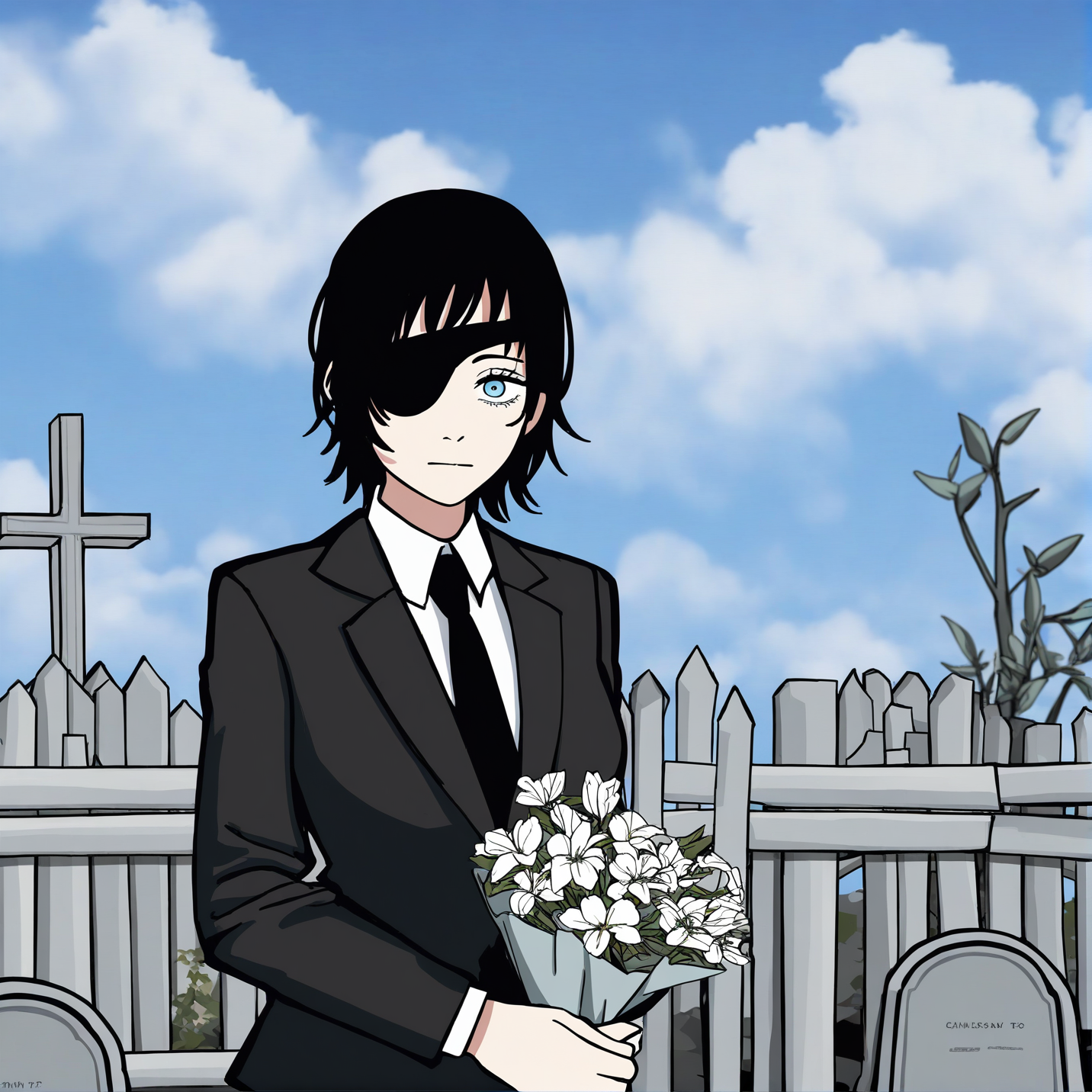 himeno (chainsaw man),graveyard,eyepatch,1girl,bouquet,necktie,suit,solo,black necktie,formal,flower,tombstone,short hair,black hair,sky,cloud,holding bouquet,looking at viewer,shirt,outdoors,collared shirt,blue eyes,white shirt,jacket,black jacket,holding,white flower,day,fence,suit jacket,cloudy sky,black suit,blue sky,closed mouth,anime coloring,cross,
<lora:RUSTYLAKE-noob10-v1-000045>,masterpiece,best quality,amazing quality,very aesthetic,highres,absurdres,