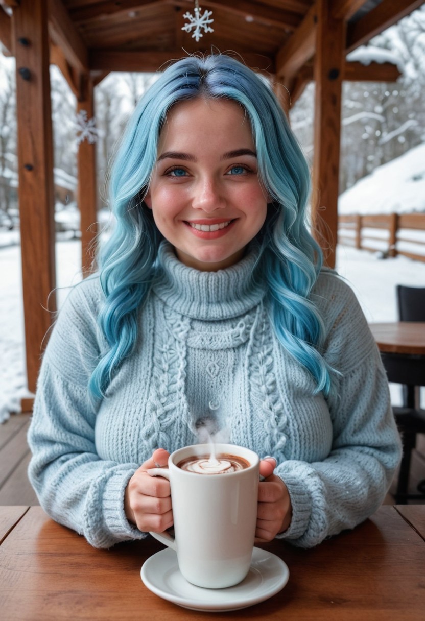Cozy winter, woman with icy blue highlights, soft smile, chunky knit sweater, snowflakes outside, warm cafe, steaming hot chocolate on the table.