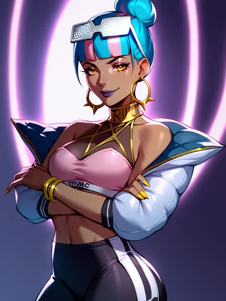score_9, score_8_up, score_7_up, BREAK, Qiyana True Damage, 1girl, solo, single hair bun, blue and pink hair, glasses, multicolored hair, golden collar, halterneck, pink bra, bare shoulders, white jacket, black leggings, jewelry, blue boots, staying, crossed arms under breast, smirk, neon lights, syntvawe, sci-fi city background, night, <lora:QiyanaTD:1>