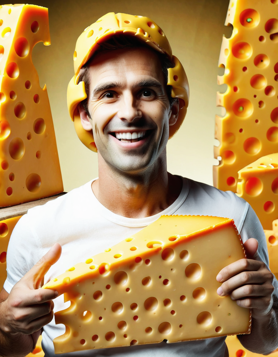 cheeselora, happy man holding sign: cheese