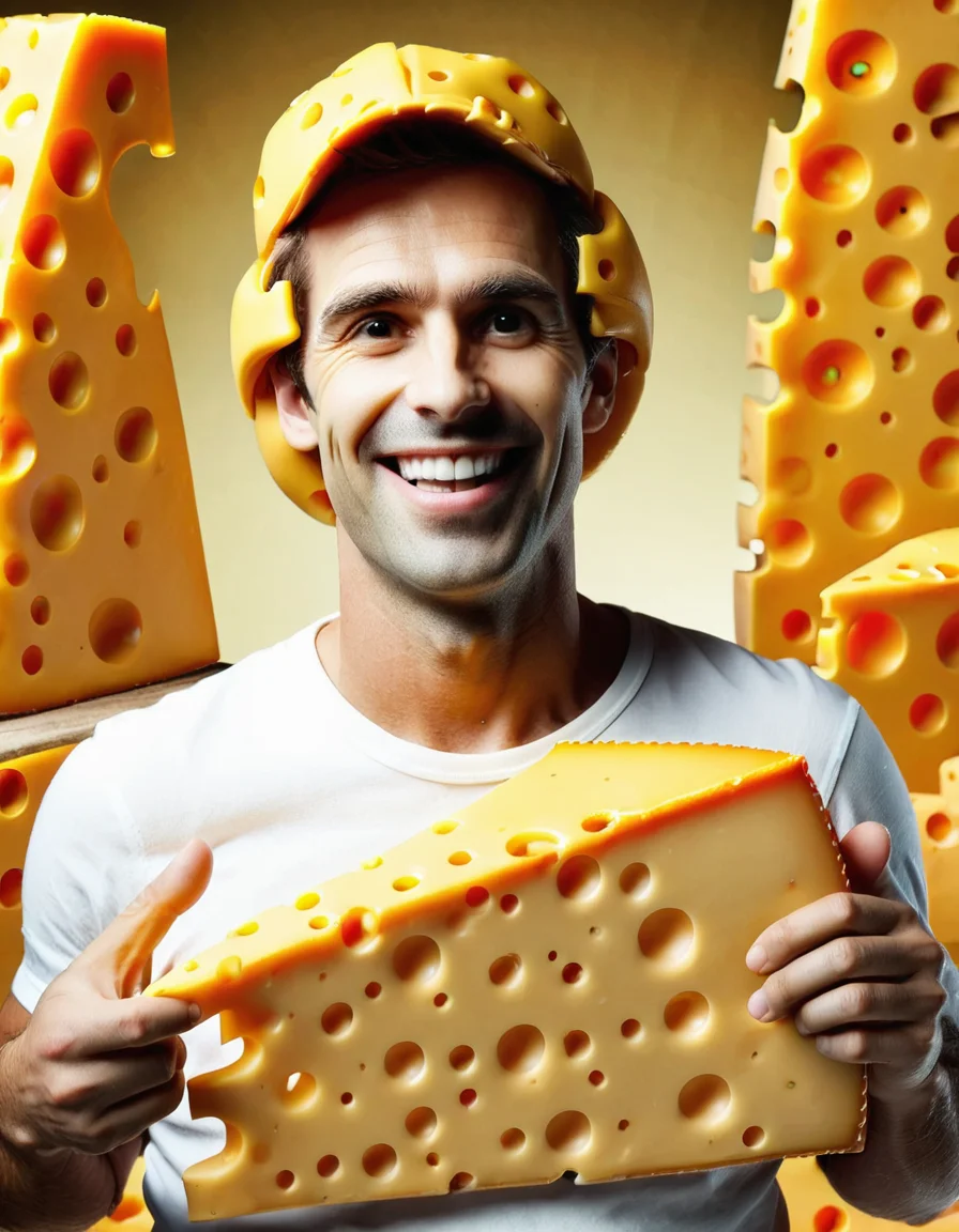 cheeselora, happy man holding sign: cheese
