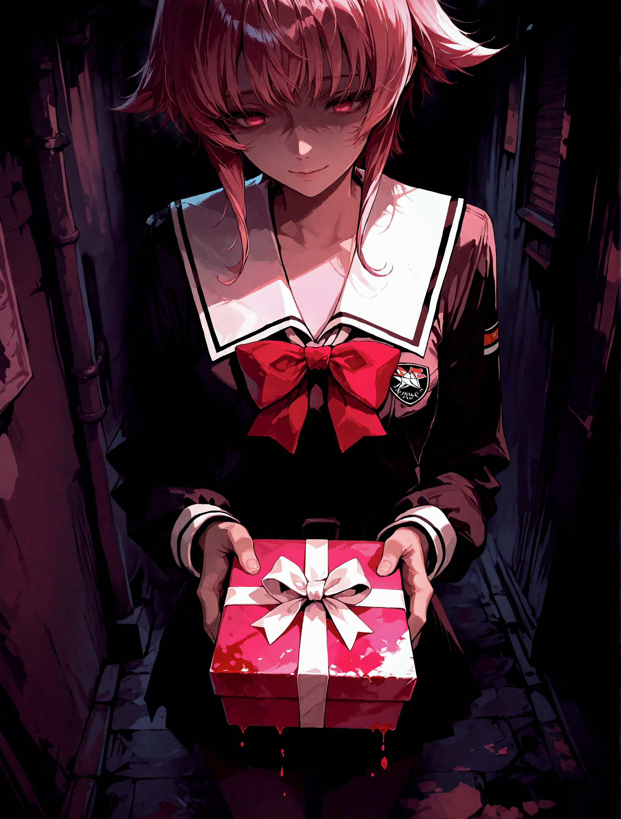 1girl, onoe serika, OnoeSerDef, short hair, pink hair, short hair with long locks, pink eyes, empty eyes, partially shaded face,  light smile, school uniform, red bow on uniform, cowboy shot, (head out of frame), cropped, [from above], straight-on, foreshortening, [[fisheye]], BREAK,
holding gift, pink gift box, huge box, heavy box, bloody box, white ribbon on box, box dripping blood, dirty box, horror \(theme\), 
[akakura, momoko \(momopoco\)],  nhl-001, limited palette, outdoors,  realistic, dark background, alley, ((dark)), night, depth of field, messy lineart,
masterpiece,best quality,amazing quality,sensitive, very aesthetic, <lora:OnoeSerika_XLPD:1> <lora:nhl-001:0.85>  <lora:ponyv3_ill01_2_adamW:1>
