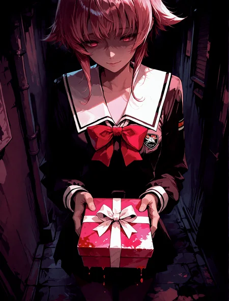 1girl, onoe serika, OnoeSerDef, short hair, pink hair, short hair with long locks, pink eyes, empty eyes, partially shaded face,  light smile, school uniform, red bow on uniform, cowboy shot, (head out of frame), cropped, [from above], straight-on, foreshortening, [[fisheye]], BREAK,
holding gift, pink gift box, huge box, heavy box, bloody box, white ribbon on box, box dripping blood, dirty box, horror \(theme\), 
[akakura, momoko \(momopoco\)],  nhl-001, limited palette, outdoors,  realistic, dark background, alley, ((dark)), night, depth of field, messy lineart,
masterpiece,best quality,amazing quality,sensitive, very aesthetic, <lora:OnoeSerika_XLPD:1> <lora:nhl-001:0.85>  <lora:ponyv3_ill01_2_adamW:1>