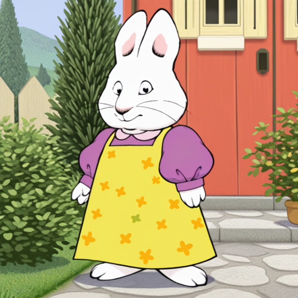 masterpiece, best quality, amazing quality, Rubym&ril, semi-anthro, female, rabbit_girl, white fur, black eyes, whiskers, standing, yellow pinafore dress, floral print, purple shirt, puffy sleeves, outside, 1girl, solo, full body, looking at viewer, <lora:b2e51a29-3ef6-410c-8695-f30fa5690fd3:1.0>