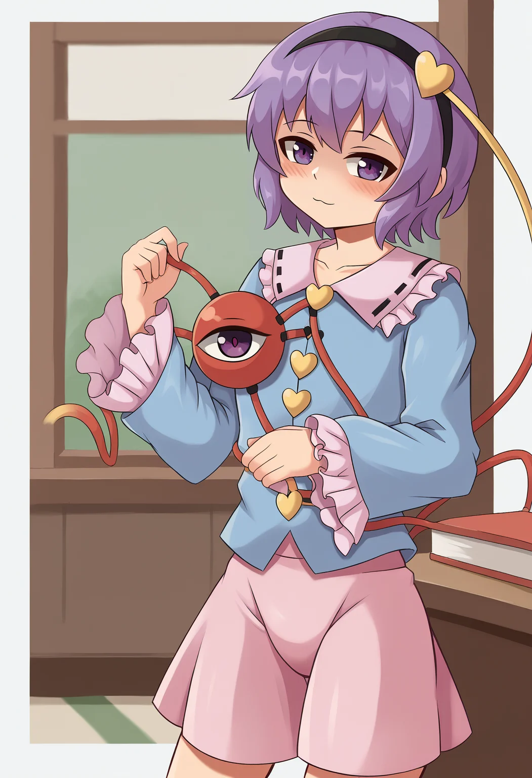 score_9, uncensored, source_anime
BREAK
komeiji satori, 1girl, ass visible through thighs, black hairband, collarbone, cowboy shot, flower, frilled sleeves, frills, hair ornament, hairband, heart, heart hair ornament, long sleeves, looking at viewer, pink flower, pink skirt, purple eyes, purple hair, shirt, short hair, skirt, sleeves past wrists, solo, third eye
<lora:duhota_v4-1_adafactor:1> <lora:satori.pony:1>