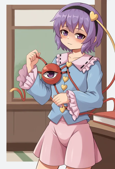 score_9, uncensored, source_anime
BREAK
komeiji satori, 1girl, ass visible through thighs, black hairband, collarbone, cowboy shot, flower, frilled sleeves, frills, hair ornament, hairband, heart, heart hair ornament, long sleeves, looking at viewer, pink flower, pink skirt, purple eyes, purple hair, shirt, short hair, skirt, sleeves past wrists, solo, third eye
<lora:duhota_v4-1_adafactor:1> <lora:satori.pony:1>