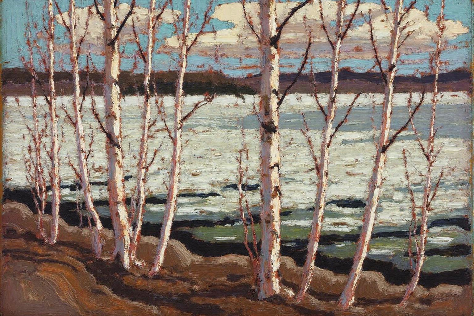 tomthom1 painting.
A serene, winter scene of a forest beside a snow covered lake. The artwork features a group of tall, slender birch trees with white bark and black branches, which dominate the foreground. The trees are painted with thick, expressive brushstrokes, giving a sense of movement and texture to their slender trunks and bare branches. <lora:tomthom1_cap_d6a3:1.0><lora:815407869370525843:0>