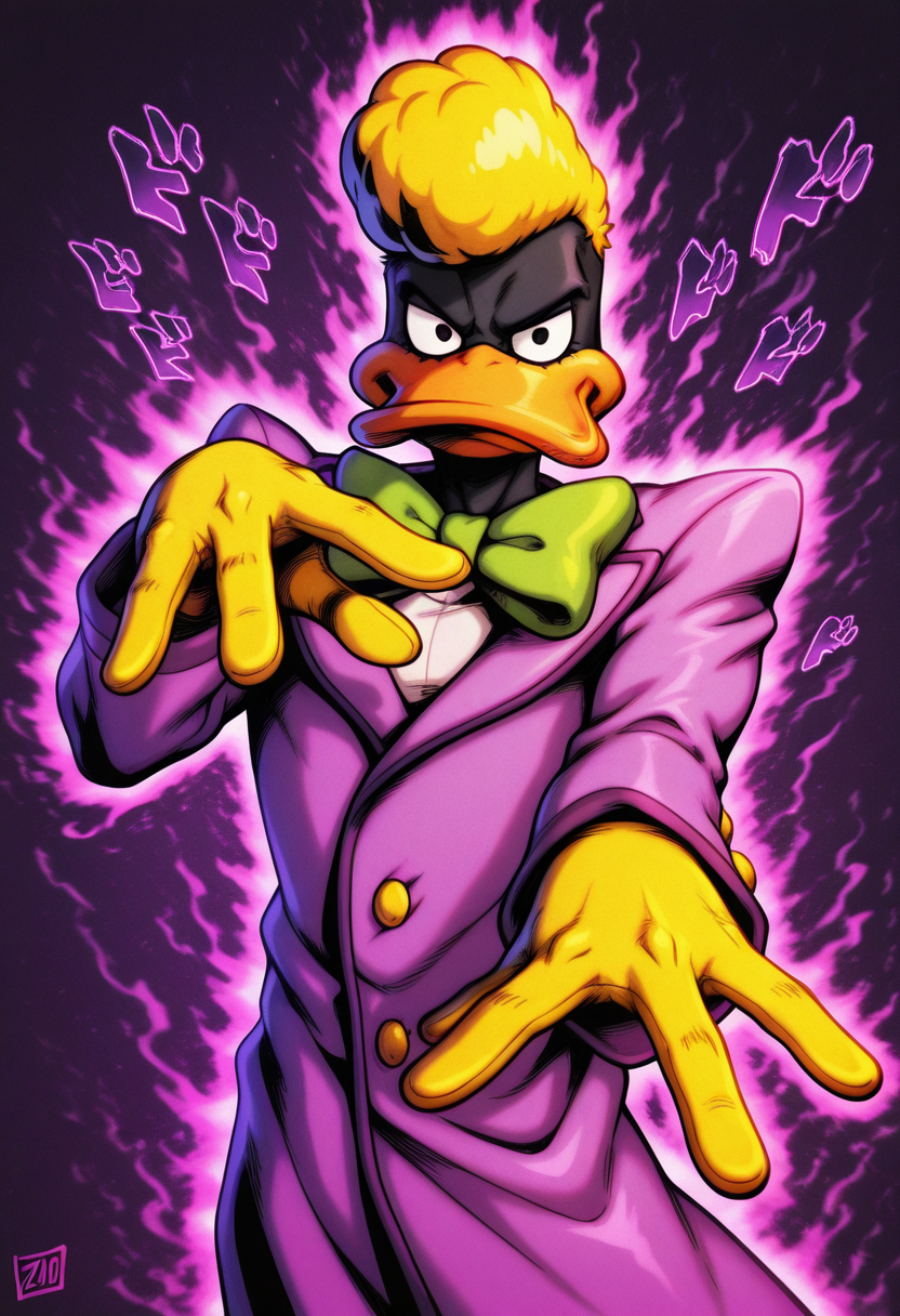 masterpiece, best quality, Graphic Design, color art, vibrant colors, colorful, intricate details, high contrast, detailed background, beautiful detailed, beautiful face, detailed eyes, detailed face, new, newest, z00td4ffy, 1boy, solo, male focus, furry, duck, black skin, beak, black eyes, yellow hair, pompadour, suit, formal, purple coat, yellow gloves, green bowtie, jojo pose, menacing, purple aura, cowboy shot,