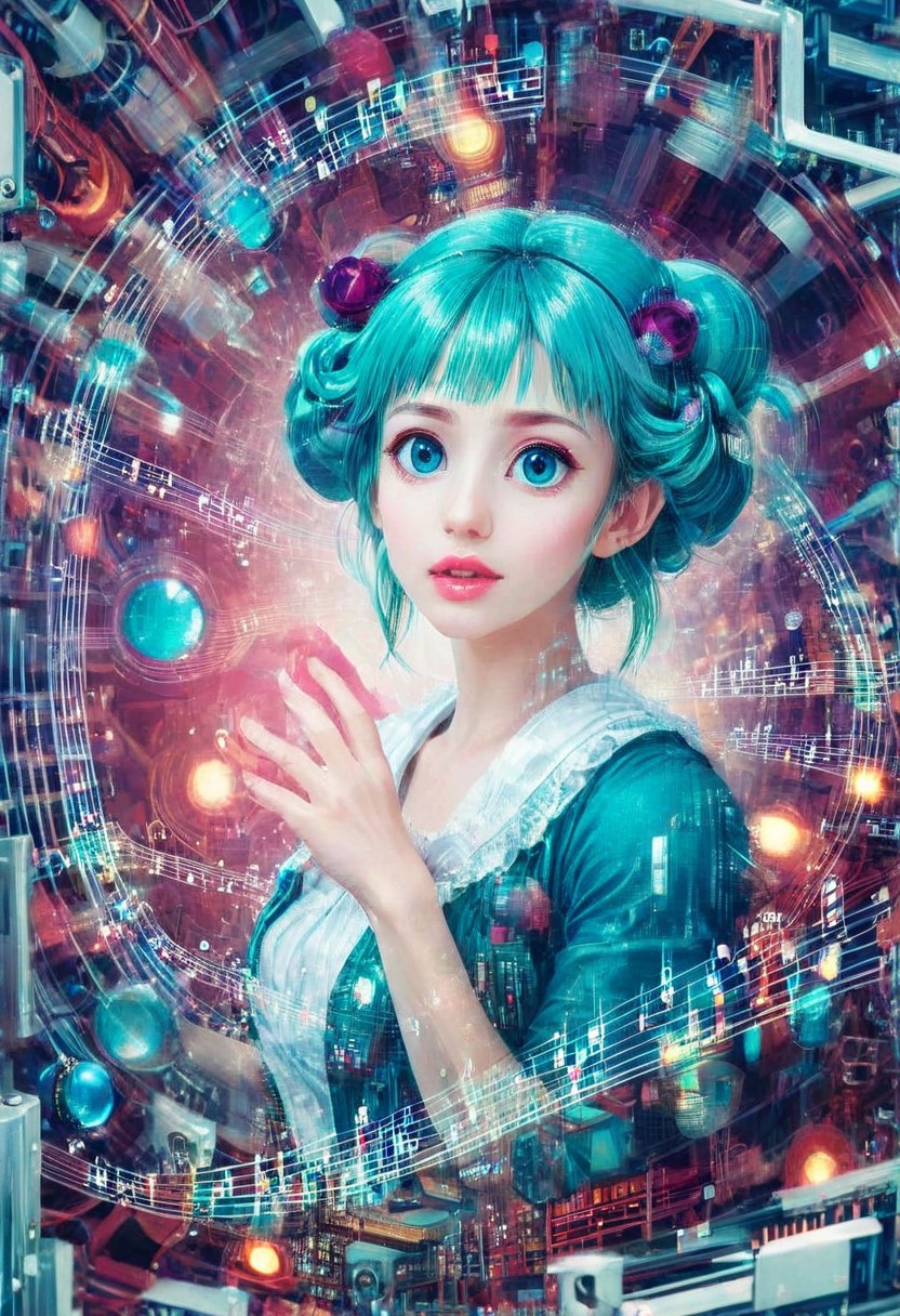 double exposure of opera diva Hatsune Miku with long floating aquq twintails singing high note merging with a printed circuit board of Yamaha electronics chip processor, <lora:DoubleExposure:1>, (head:1.8), <lora:The Phantom of the Opera style:1.5> The Phantom of the Opera style, <lora:loraeyesxl:0.4>