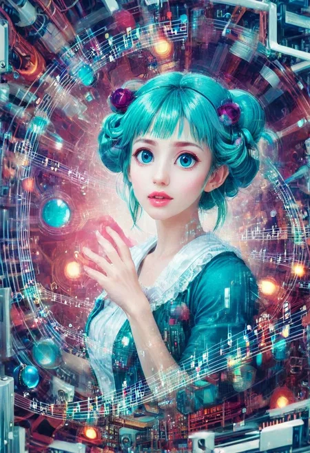 double exposure of opera diva Hatsune Miku with long floating aquq twintails singing high note merging with a printed circuit board of Yamaha electronics chip processor, <lora:DoubleExposure:1>, (head:1.8), <lora:The Phantom of the Opera style:1.5> The Phantom of the Opera style, <lora:loraeyesxl:0.4>