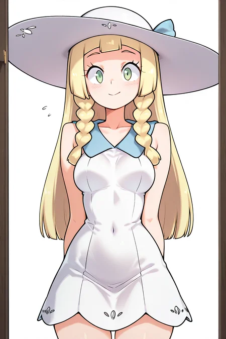 masterpiece, best quality, medium breasts, (curvy), ,,, BREAK, zzLillie, long hair, braid, sun hat, white headwear, collarbone, sleeveless dress, white dress, <lora:LilliePokemonIXL:1.0>,BREAK, smile, looking at viewer, cowboy shot, ,<lora:TobiaswhellerIXL_v2:1.0>,