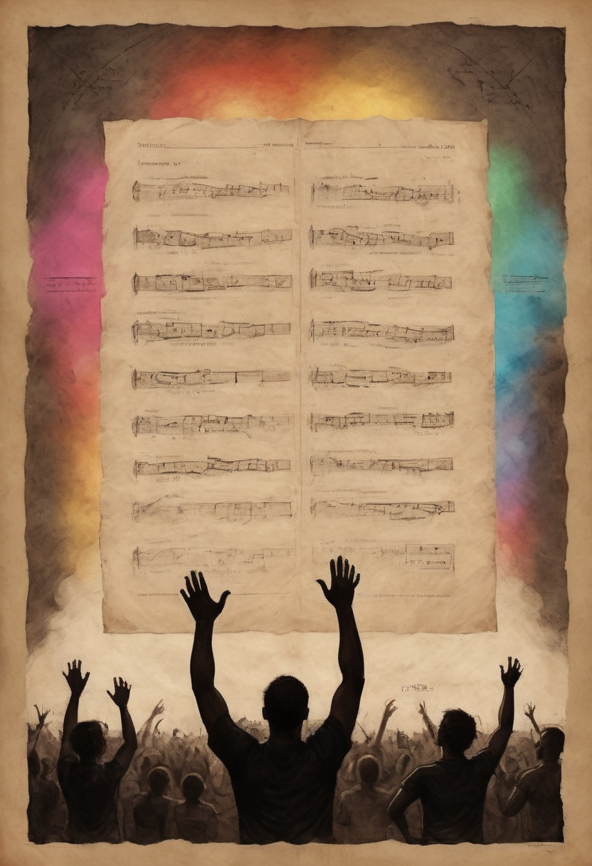annotated illustration on parchment hands held high silhouetted in the foreground with the colorful lights of a rock concert stage in the background dramatic light and smoke