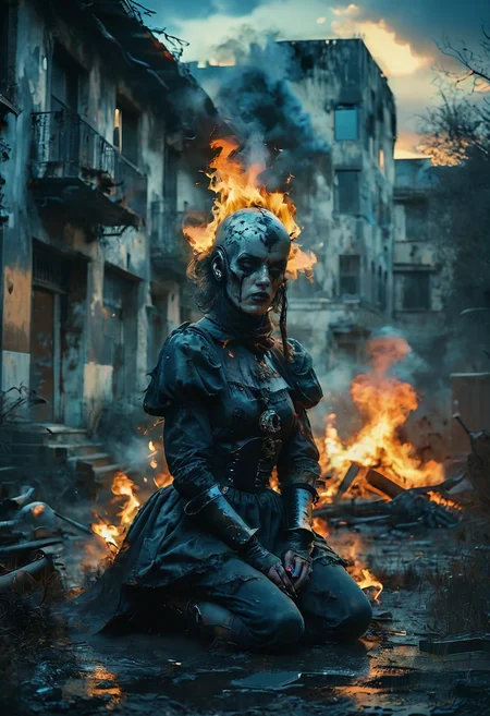 (Full body photograph, ultra-realistic:1.2). score_9, score_8_up, score_7_up, female gothic sexbomb knight , portrait, kneeling, defeated, tired, gothic armor, open helmet, temple, reflections, highly detailed, film grain, <lora:zy_Realism_Enhancer_v1:0.75>
BREAK scenery. sky. outdoors. cloud. fire. building. tree. burning. cloudy sky. smoke. sunset. nature. city. cityscape. blue sky. The photograph captures a moment during sunset with dramatic cloud formations that are tinged by fiery oranges and deep purples against an otherwise muted sky.
<lora:MoodySky_set2:0.67:0.33>