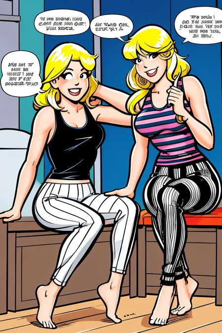 Romanians 36 years old woman Blonde Loose Waves , in the Laundry room, Sitting on a bench with one leg bent and foot on seat, Striped pants with a black tank top, speech bubble, EdobArchieComicsArtStyle <lora:EdobArchieComicsArtStyle_v1.0:0.8>