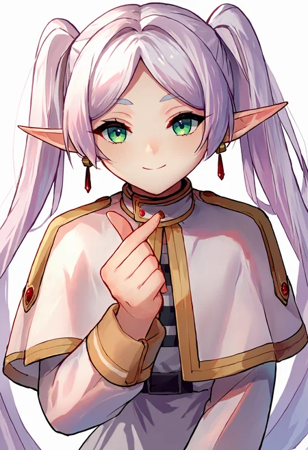 score_9_up score_8_up score_7_up, source_anime, 1girl, finger heart, leaning forward, smile
BREAK
nereirfpnxl, frieren, 1girl, solo, pointy ears, twintails, very long hair, earrings, holding, jewelry, white background, capelet, elf, dress, simple background, white capelet, long sleeves, white dress, closed mouth, parted bangs, white hair, upper body
<lora:finger_heart_korean:1>
<lora:others_frieren_nereirfpnxl_pony_v2:1>