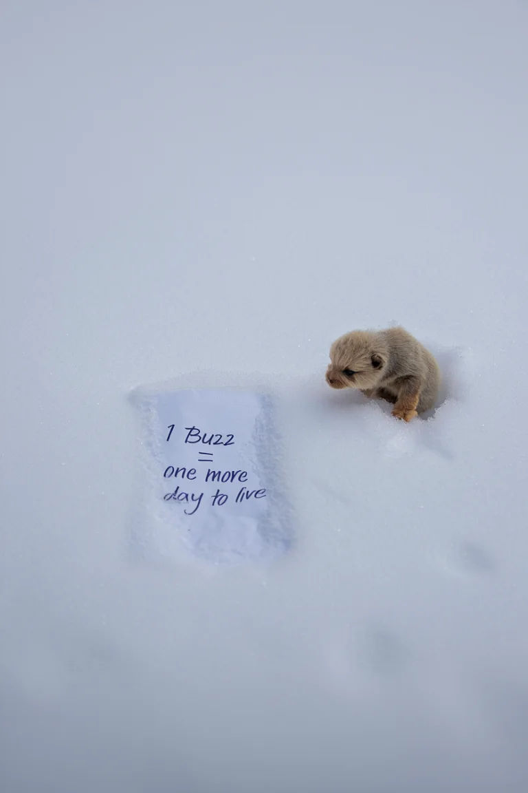 A tiny, animal cub in fresh snow — beside the imprint lies a crumpled, wet piece of paper that reads '1 Buzz = one more day to live' — macro focus on delicate tears frozen in the snow with no visible source, under a heavy grey sky — absolute stillness, as if the world moved on without noticing — photorealistic, profoundly symbolic, heartbreakingly quiet, beauty in absence, evoking the pain of being unseen.