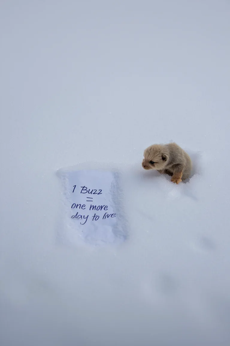 A tiny, animal cub in fresh snow — beside the imprint lies a crumpled, wet piece of paper that reads '1 Buzz = one more day to live' — macro focus on delicate tears frozen in the snow with no visible source, under a heavy grey sky — absolute stillness, as if the world moved on without noticing — photorealistic, profoundly symbolic, heartbreakingly quiet, beauty in absence, evoking the pain of being unseen.