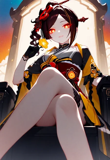 1girl, Chiori Genshin Impact, glowing eyes, lips, thin lips, solo, looking at viewer, charming smile, holding flower, upper body, from below, back lighting, multicolored background, masterpiece, raining cherry blossom, best quality, very aesthetic, sitting on throne legs crossed,  boleromix