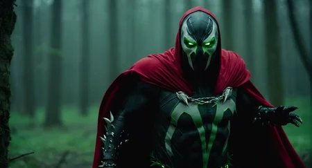 Dark Moody Atmosphere, (Cinematic Film stock footage style) in (arri alexa style) (Kodak film print style),
<lora:Spawn:1>
Spawn a demonic creature with green eyes and a red cape in a living symbiotic costume, dramatic, mysterious, dark moody atmosphere