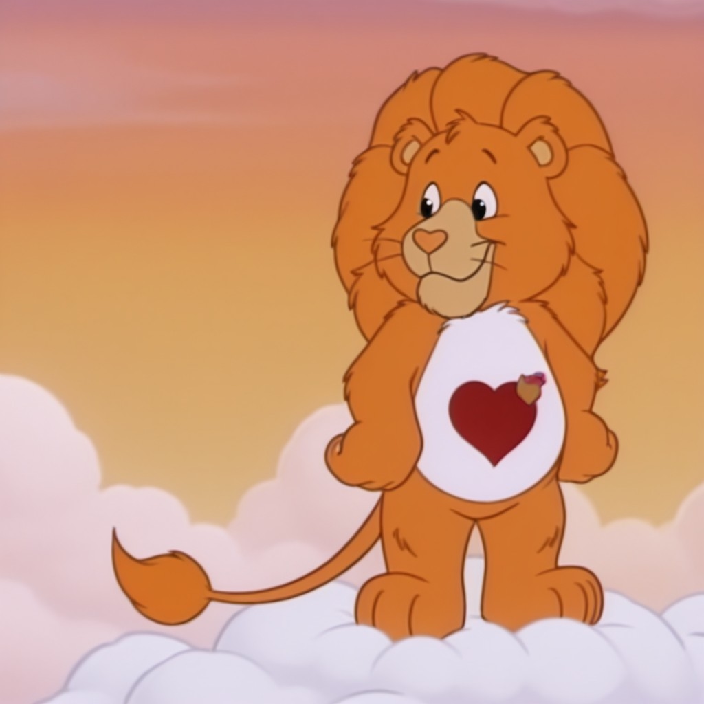 masterpiece, best quality, amazing quality,  BraveHrtLionil, semi-anthro, male, lion_boy, orange fur, orange mane, black eyes, Tummy Symbol, tail, tail tuft, standing, on a cloud, smile,  full body, <lora:a64eedc1-a17d-4f8b-bc15-c6dc5d4d34e6:1.0>